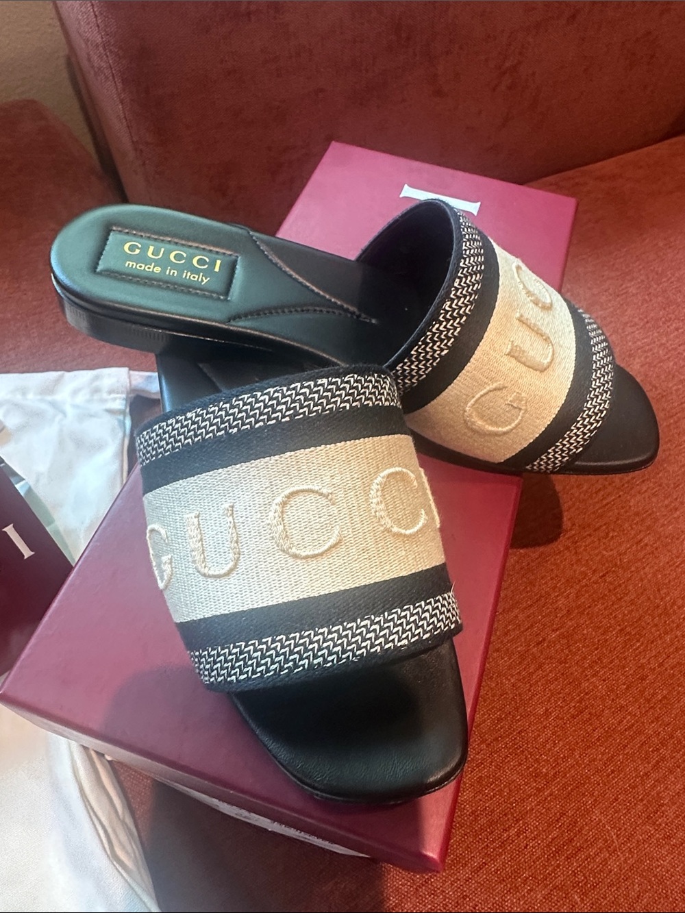 Gucci Beige and Black Embroidered Logo Slide Mules - Picture 3 of 8